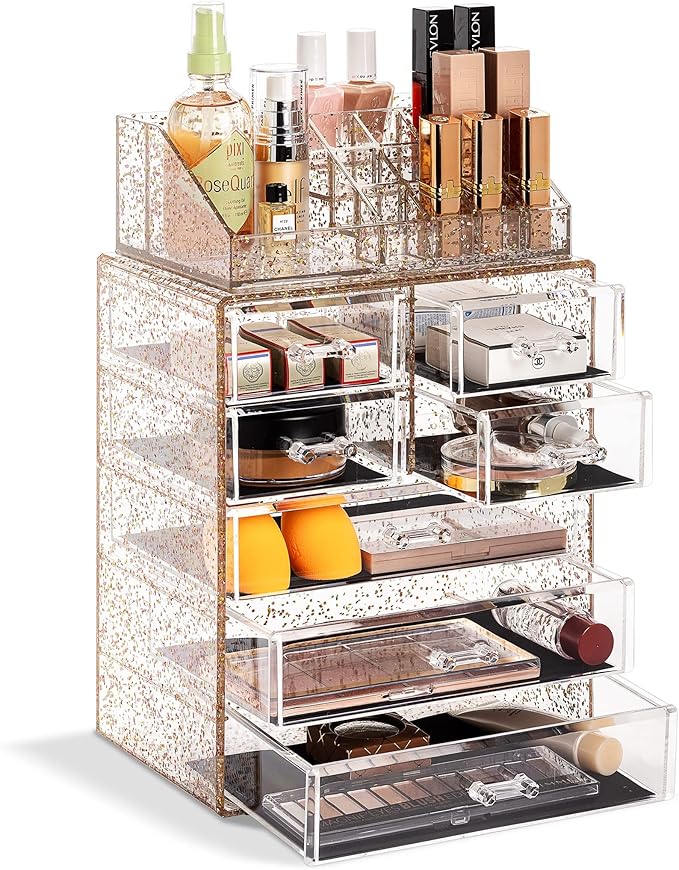 Sorbus Clear Cosmetic Makeup Organizer - Make Up & Jewelry Storage, Case & Display - Spacious Design - Great Holder for Dresser, Bathroom, Vanity & Countertop (3 Large, 4 Small Drawers) [Glitter]