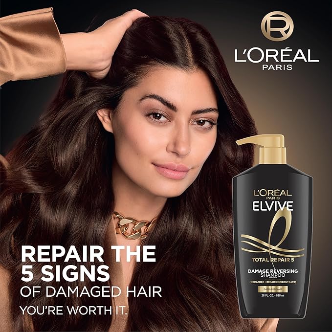 L'Oreal Paris Elvive Total Repair 5 Repairing Shampoo for Damaged Hair Shampoo with Protein and Ceramide for Strong Silky Shiny Healthy Renewed Hair 28 Fl Oz(Packaging May Vary)