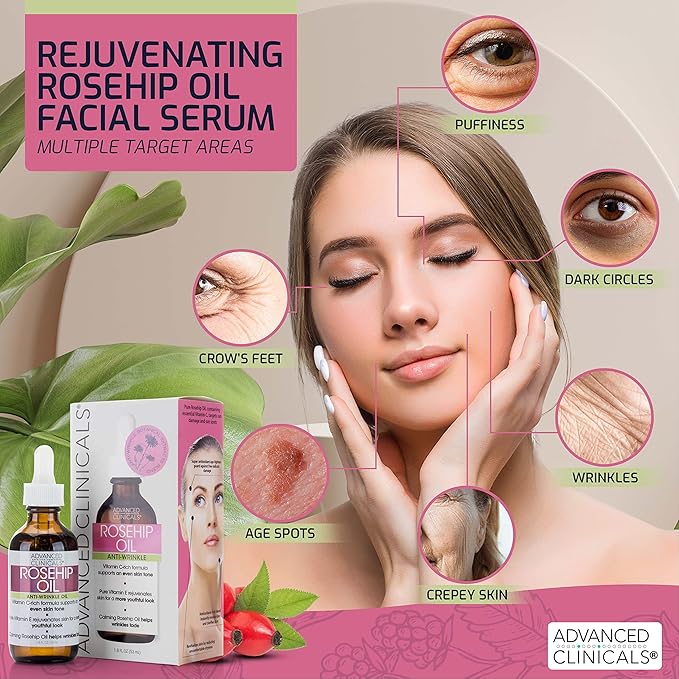 Advanced Clinicals Rosehip Oil For Face With Vitamin E + Botanicals Helps Improve Look Of Dark Spots, Wrinkles, Fine Lines, & Uneven Looking Skin Tone | Moisturizing Skin Care Face Serum, 2-Pack